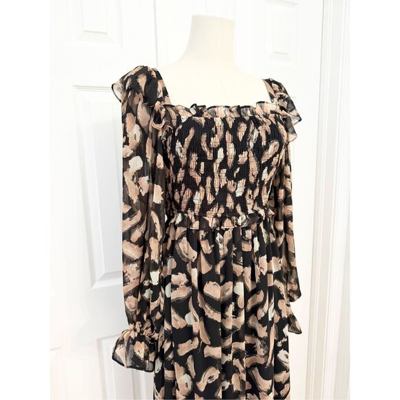 Moon River Womens Black Beige Print Smocked Midi Dress Small - Picture 3 of 6